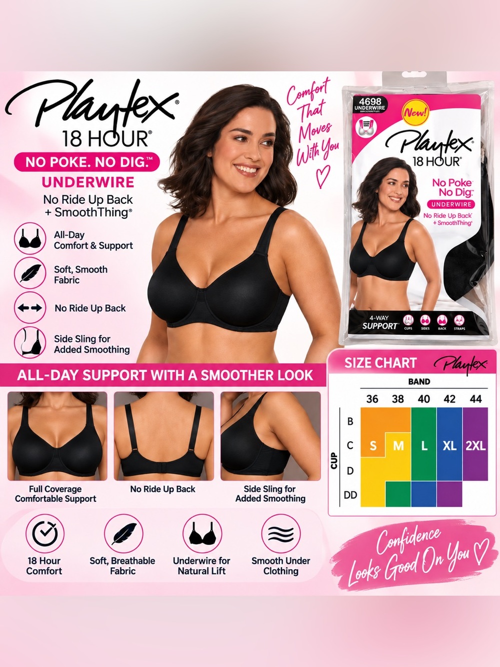PLAYTEX 18 HOUR NO POKE NO DIG BRA – BLACK SIZE 44D (NEW WITH TAGS) A31